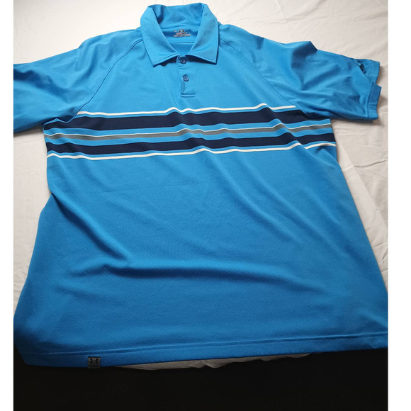Under Armour Men Heat Gear Polo Shirt, Size XL Light Blue Striped - Picture 1 of 3